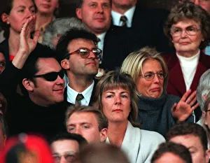 Vic Reeves and Ulrika Jonsson TV Presenter sitting in the stands at Old Trafford to watch