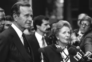 US Vice-President George Bush and British Prime Minister Margaret Thatcher speaking into
