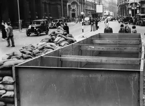 Sand Bags Prints: Victoria Square, Birmingham, one of the emergency water tanks placed around the city in