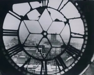 Conflict World War Two Prints: View through the bomb damaged clock on the market tower after the blitz in Coventry