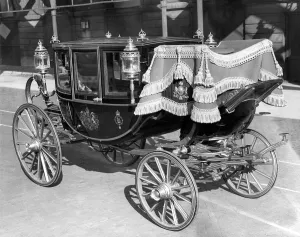 A view of the glass state coach which will be used at the Royal wedding of Princess