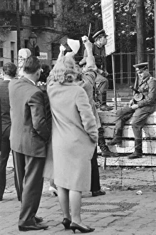 Views of the Berlin Wall with soldiers patrolling. October 1961