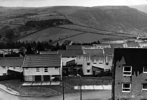 Council House Prints: Views from the top of the Penrhys Community Centre with the proposes site for private