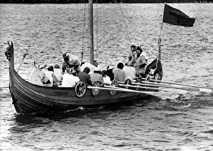 A Viking long boat arriving in Blyth Harbour on 22nd July 1980