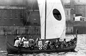 River Prints: A Viking long boat making its way up the river Tyne on 26th July 1980