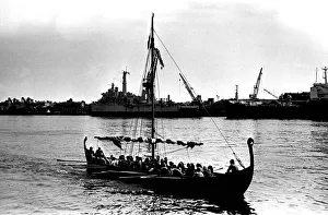 A Viking longboat arriving on the river Tyne for the Newcastle Regatta in July 1980