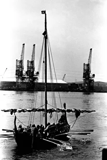 A Viking longboat arriving on the river Tyne for the Newcastle Regatta in July 1980