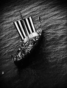 Warship Prints: Viking Longboat Ship July 1949 Viking ship off the shores of Kent after crossing