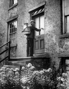 Front Door Prints: Village milkman George Wake doing his daily rounds in the Yorkshire Dales with his four