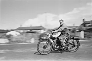 00778 Prints: A vintage motorbike enthusiast out for a Sunday ride on his 1928 AJS Motorcycle