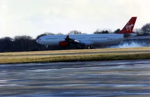 A Virgin Atlantic Airbus A340 aircraft at Newcastle Airport, circa 1997