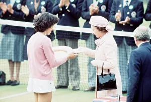 00183 Prints: Virginia Wade receives the Wimbledon womens trophy 1977 from the Queen
