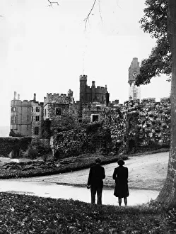 Visitor looking out towards Ruthin Castle near the town of Ruthin in the Vale of Clwyd