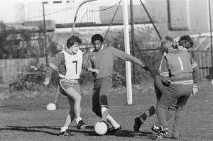 Tracksuit Prints: Viv Anderson, (centre on the ball) footballer for Nottingham Forest