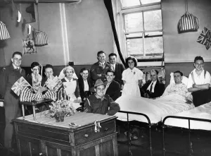 Flags Prints: VJ Day Liverpool, Wounded men from Burma and other fronts celebrate at Alder Hey Hospital