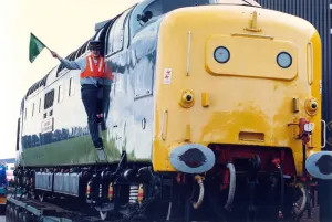 One Woman Only Prints: Volunteer Rosemary Smith welcomes the Deltic diesel locomotive to the Stephenson Rail