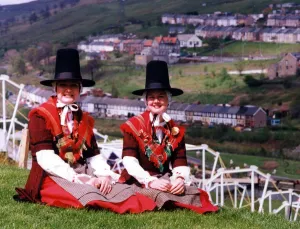 National Dress Prints: Wales - National Costume - Brynmawr Welsh Folk dancers Angela Morris (left