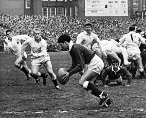 Kicking Prints: Wales outside half David Watkins clears the ball on the Welsh line during the match