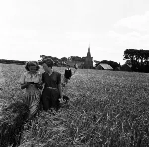 Crops Prints: Walking through the barley field at Bigbury, South Devon Choirgirls Hannah (left