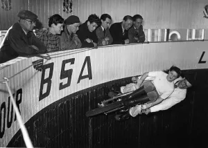 Stuntman Prints: Wall of Death riders Sylvia Stone and Tornado Smith in Southend, 1950