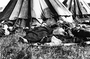War Dunkirk Evacuation of BEF from Dunkirk tired troops sleep in a camp after their