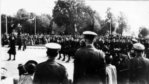War - World War II - Cardiff - VE Day - Victory Parade marches past the City Hall - May