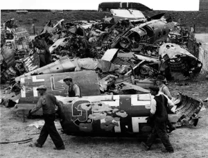 Core01 Prints: War - World War II - Picture shows downed Nazi aircraft piled in heaps during the Battle