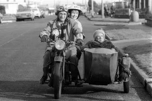 Motorbikes Prints: Warren Mitchell ( Alf Garnett) Dandy Nicholls and Patricia Hayes riding a Motorcycle