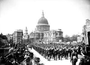Cathedrals Prints: Warship Week parade passes St Pauls Cathedral in the City of London where the Lord