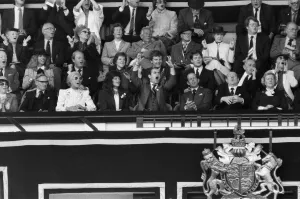 Watford chairman Elton John pictured watching the 1984 FA Cup Final at Wembley Stadium