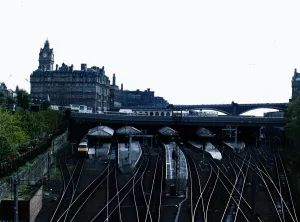 Hotels Prints: Waverley Station Edinburgh, Balmoral Hotel and the North Bridge circa 1980