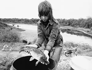 00182 Prints: Weather drought boy rescues a carp at Coleshill Pool Warwickshire dbase msi