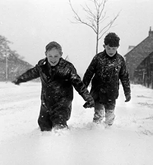 00182 Prints: Weather - Snow - Children - Boys At Pelts Wood in Kent
