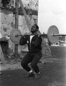 Weightlifter Louis Martin training in Rawdon Street where he lives in Derby