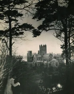 Wells Cathedral Somerset photographed from between two trees 12th century Gothic