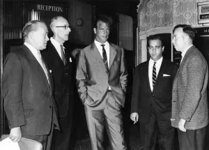 00312 Prints: Welsh footballing great John Charles (centre) pictured with officials of Cardiff City