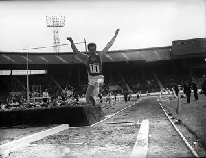 Long Jump Prints: Welsh long jumper Lynn (the leap) Davies of Glamorgan breaks record by jumping 26ft