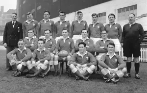 The Welsh Team pose for a team photograph during the 1955 Five Nations Championship Circa