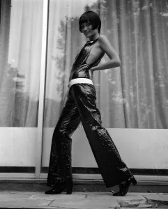 Wendy Davies in space age outfit by Hildebrand made from crushed synthetic patent