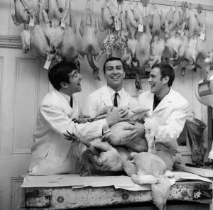 00877 Prints: West Ham winger Peter Brabrook who has a butchers shop in East London was assisted
