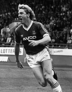 00262 Prints: West Hams Frank McAvenie celebrates after scoring a goal against Sheffield Wednesday