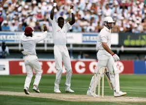 Dismissal Prints: West Indies bowler Curtly Ambrose celebrates after taking the wicket of England batsman