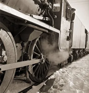 The wheels of a steam train as it travels from Perth northwards to Forres in Morayshire