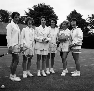 The Wightman Cup Tennis girls commence a stiff training session at Wimbledon today