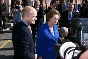William Hague, Leader of the Conservative party stands alongside Lady Thatcher on her