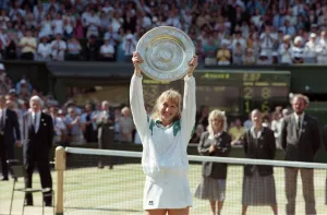 Wimbledon Ladies Final. Winners Trophy presented to Steffi Graf by Duchess of Kent After