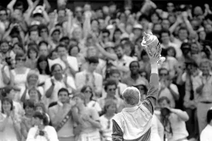 Wins Prints: Wimbledon Tennis 1985: Mens Final: Boris Becker wins Wimbledon. 7th July 1985
