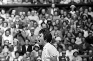 01113 Prints: Wimbledon Tennis, Billie Jean Moffitt (later King) pictured in play against Margaret
