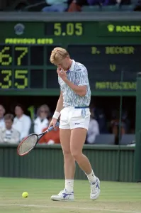 Wimbledon Tennis. Boris Becker Wearing Banned Shirt. June 1989 89-3895-031