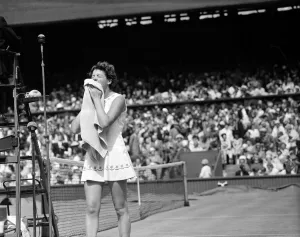 01113 Prints: Wimbledon Tennis, Margaret Smith (pictured) in play against Billie Jean Moffitt